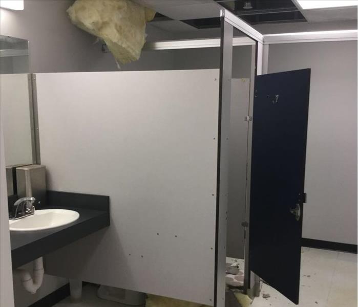 damaged ceiling tiles and insulation hanging down above restroom stall
