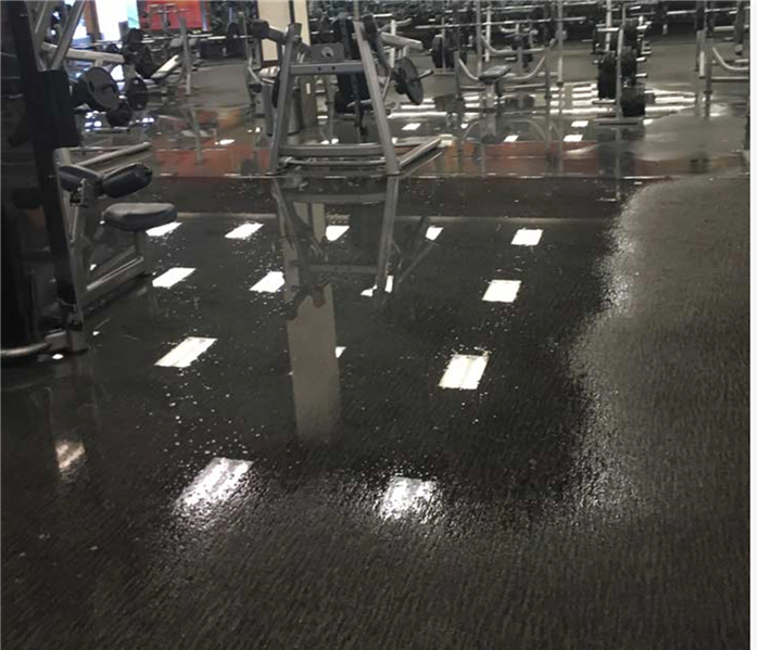 pooling water reflections of lighting, fitness center, wet equipment